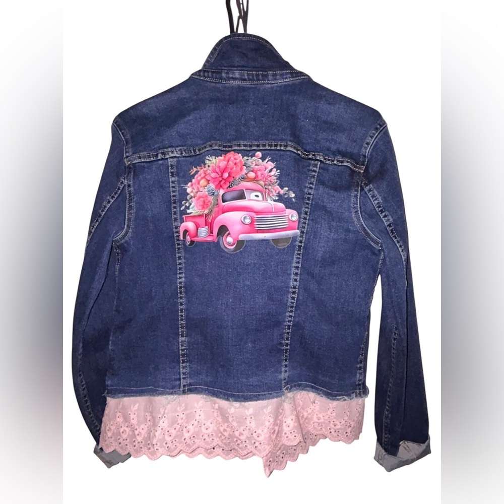 Upcycled Denim Jacket with Pink Car Design